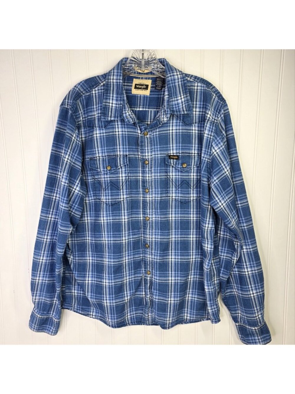 Wrangler Shirt Mens Large Blue Plaid Lightweight Woven Cotton Western Pearl Snap